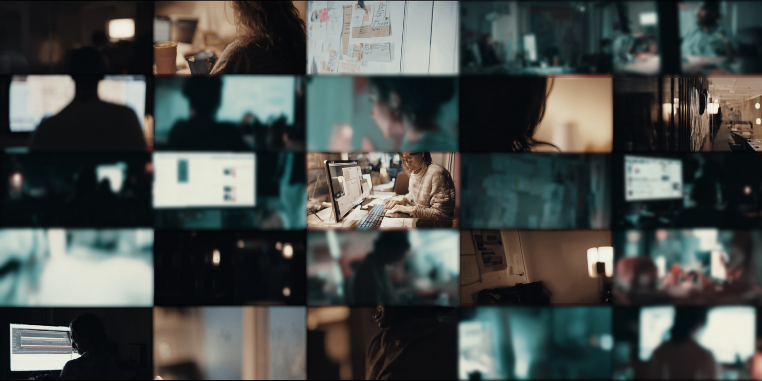 A mosaic of people working alone and together, fragmented by screens, time, and focus.