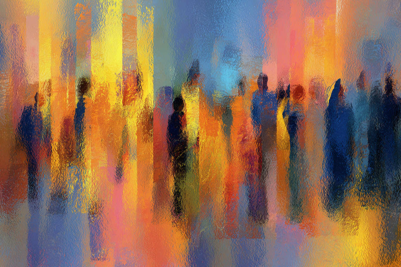 Abstract figures moving together, identity dissolving into color.
